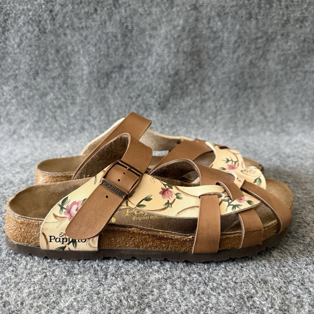 Papillio by Birkenstock Pisa Floral Sandals Brown Tan Strappy Cork Slides 7 - Picture 4 of 9